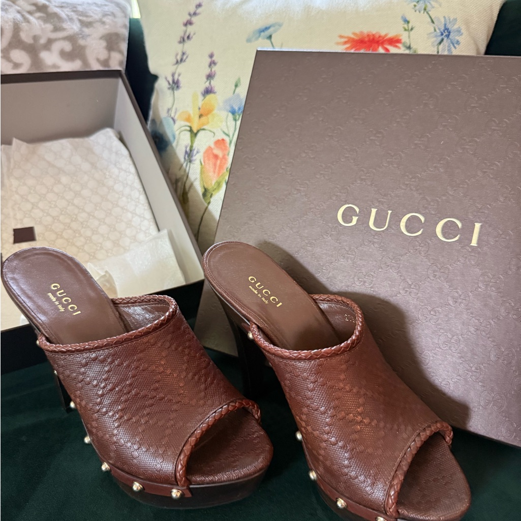 Gucci Brown Leather Mules With Studded Details